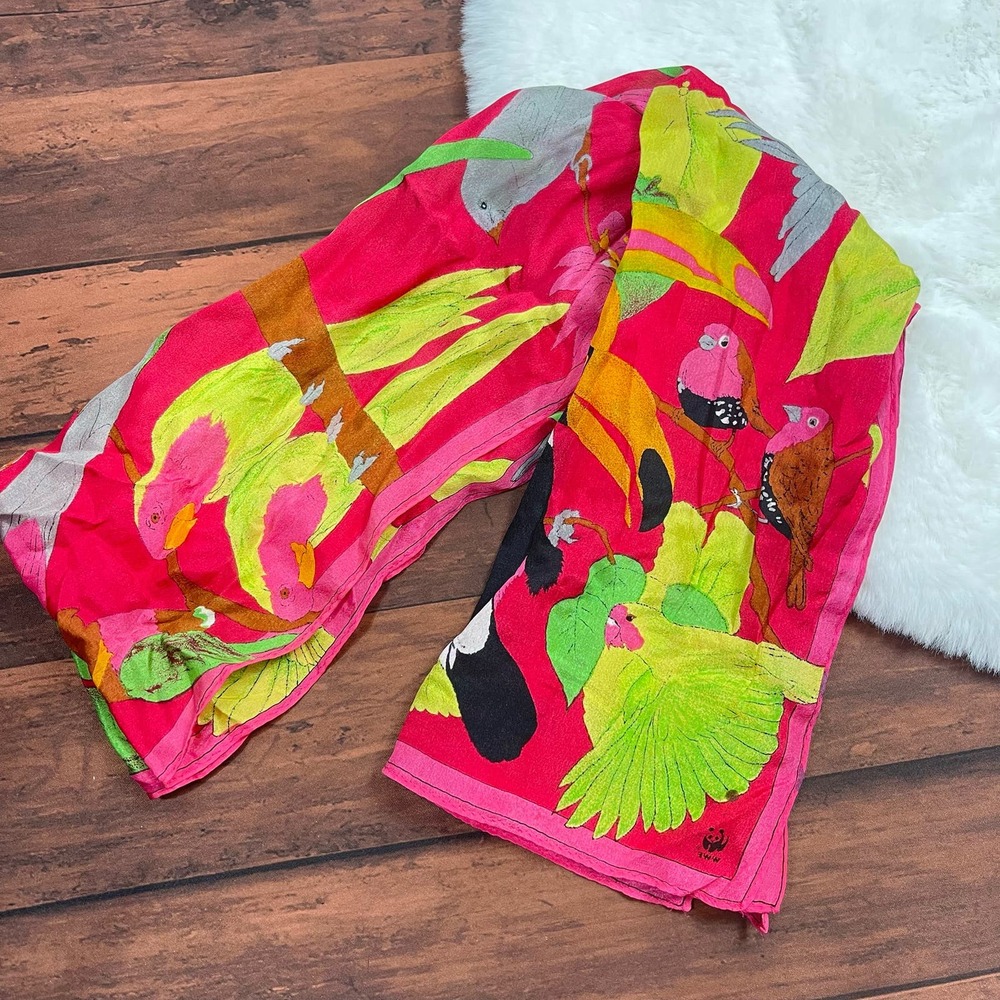 WWF World‎ Wildlife Foundation Vintage Bright Tropical Bird Scarf